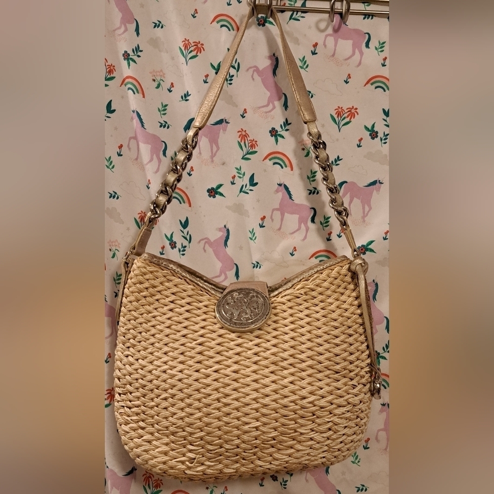 Vintage 90s Brighton Beige Jute Neutral Boho Casual Handbag Satchel Purse Bag